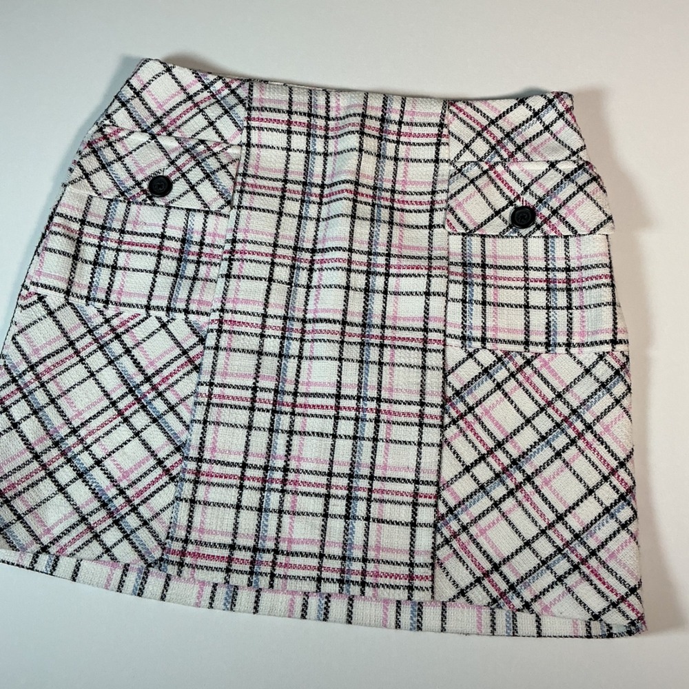 Karl Lagerfield Paris Tweed Plaid Mini Skirt Pink White Black Size 14P
